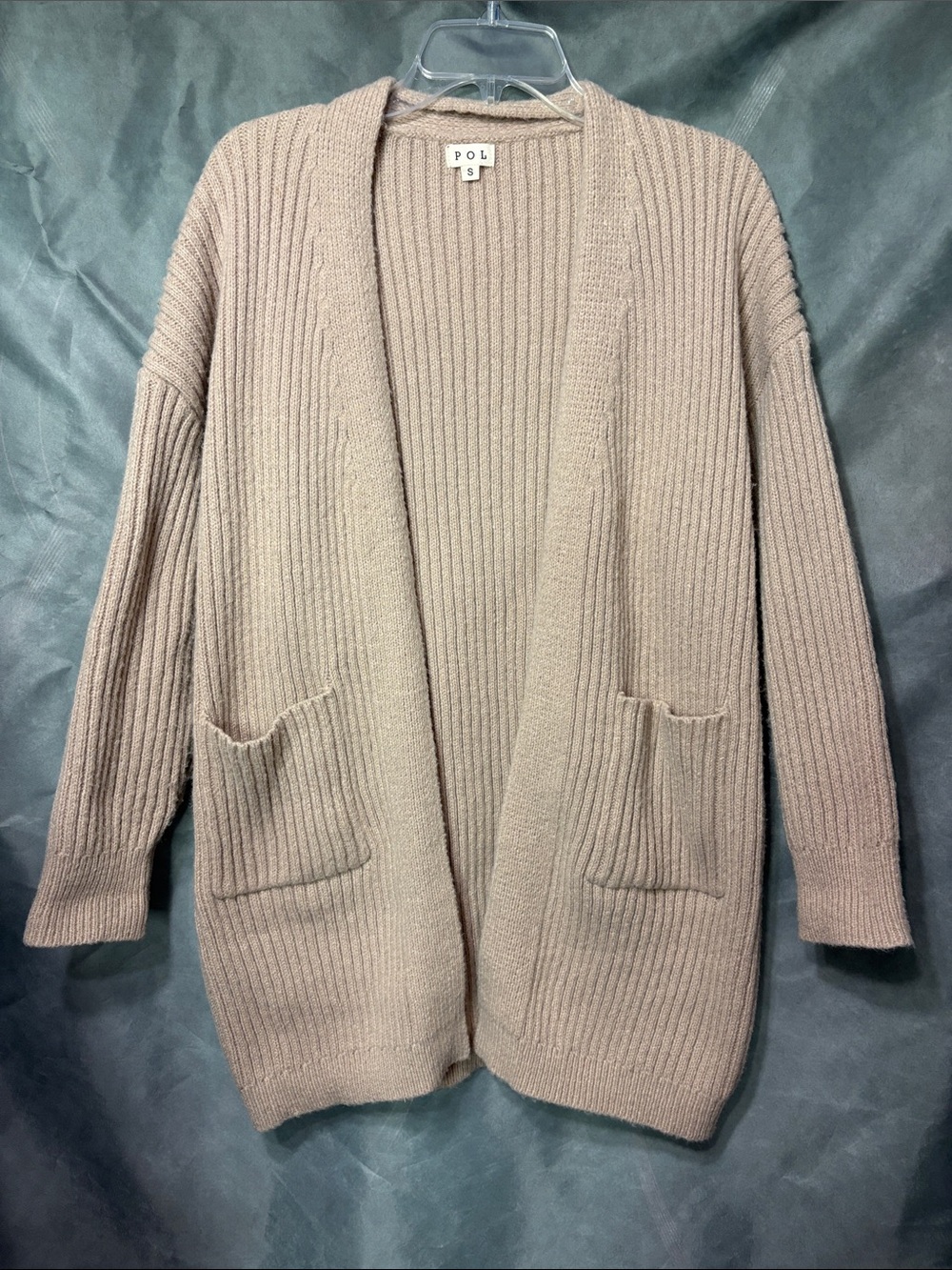 POL Open-Front Ribbed Cardigan in Taupe Beige